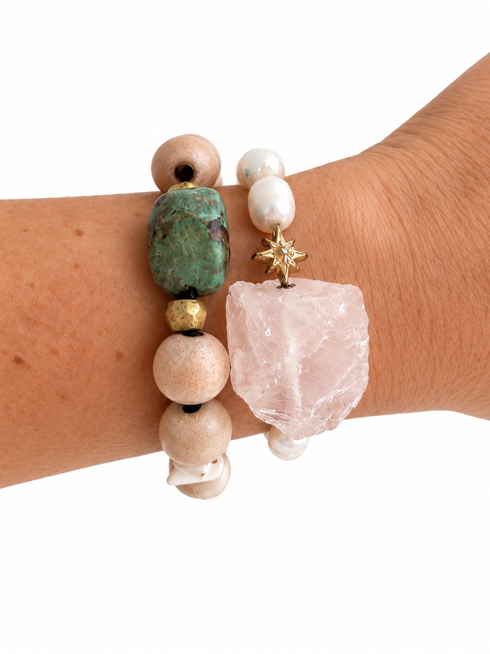 Handcrafted Quartz, Jade, & Pearl Stretch Bracelet w/ gold accents